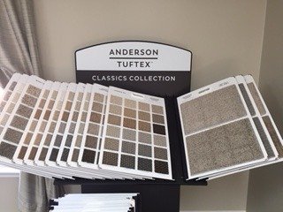 Flooring products in showroom from Richardson’s Carpet Service in the Williamsburg, VA area